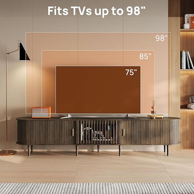 94.5" Fluted Mid Century Modern TV Stand for TVs Up to 80/85/86/90/98/100", Tambour Sliding Doors Entertainment Center with Storage&LED, Curved Media&TV Console Long TV Stands for Living Room, Walnut