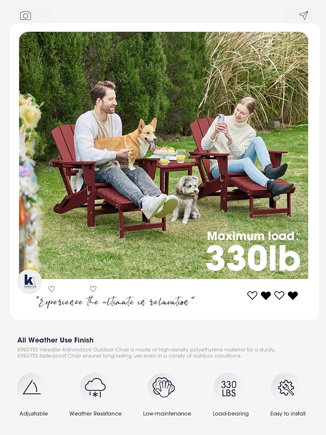 KINGYES Folding Adjustable Adirondack Chair with Ottoman & 2 Cup Holders Set of 2, HDPE Recliner Adirondack Chair with Footrest, Red