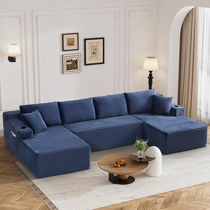 133" Oversized Cloud Boneless Sofa Couch with Chaise, Modern Corduroy U Shaped Modular Sectional Sofa with Deep Seat, Comfy Couch with Cupholders and Storage, No Assembly Required-Blue