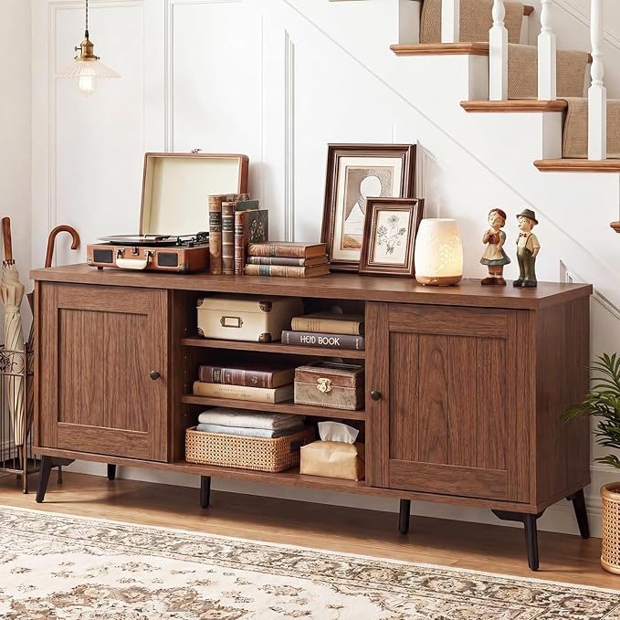 Giantex 2-Door TV Stand for TVs up to 65", Mid Century Modern Entertainment Center with 2 Storage Cabinets & 4 Adjustable Shelves, 6 Metal Legs, Media TV Console Table for Living Room (Walnut)