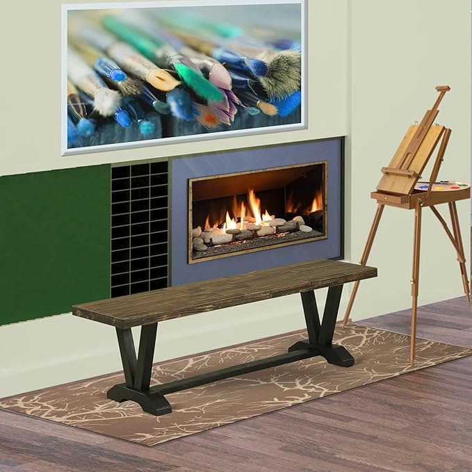 East West Furniture VB676 V-Style Modern Dining Table Bench with Wooden Seat, 60x15x18 Inch, Multi-Color