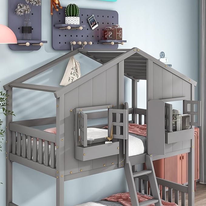 Twin Over Twin Low Bunk Bed for Kids,Wooden Floor House Bunker Bed Frame with with Window,Roof,Door,Guardrails,Ladderand and Storage Box for Girls,Boys - Gray