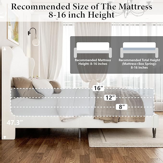 Upholstered Queen Bed Frame with Tall Headboard, Leather Platform Bed Frame with Wingback Sides, Wood Slats Support, Noise-Free Design, No Box Spring Needed, Easy Assembly, White