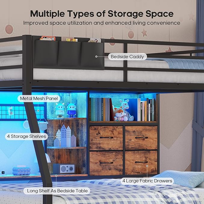 BTHFST Full Over Full Bunk Beds with 4 Storage Drawers & Shelves & Bedside Caddy, Bunk Bed with Charging Station & LED Lights, Full Size Bunk Bed with Safety Guardrail & Angled Ladder, Rustic Brown