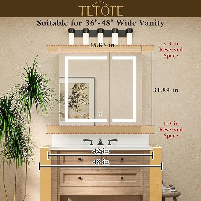 TETOTE 36 x 32 LED Lighted Bathroom Medicine Cabinet with Lights, 2 Door Recessed or Surface Mount Led Mirrored Medicine Cabinet, Tempered Glass, Outlets & USB, Adjustable Shelf, 3-Color Lights