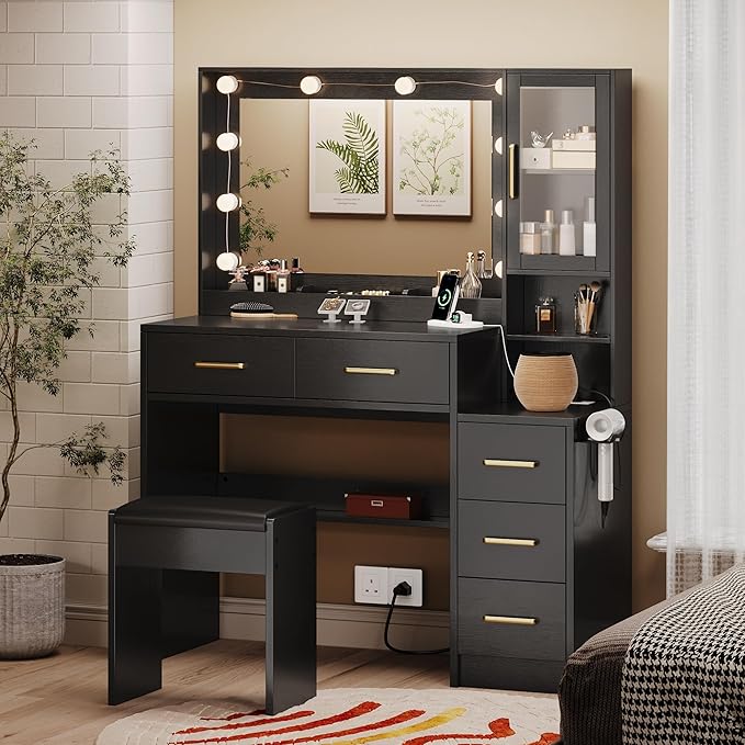 TOKSOM Makeup Vanity with Lights & Charging Station, Black Vanity Table with 5 Drawers & Open Storage Shelves, Bedroom Makeup Dressing Table Set for Women Girls Golden Handles