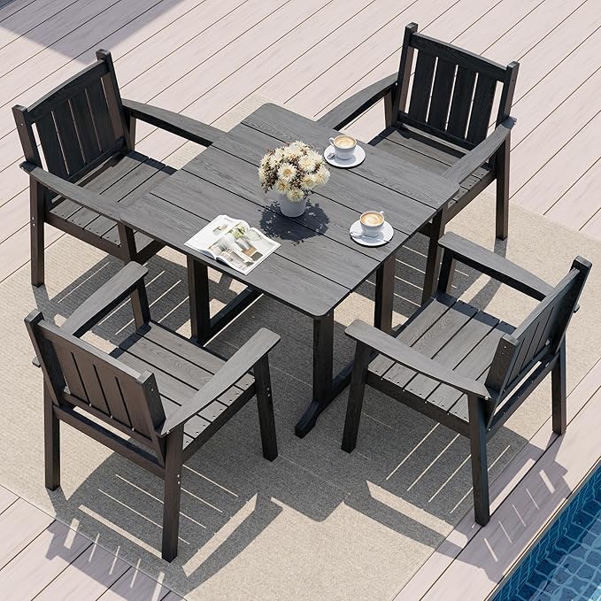 Pamapic 5 PCS Outdoor Dining Set, Spacious HDPE Outdoor Table and Chairs, Wood Grain Patio Furniture Sets with Elegant Armrest, All-Weather Patio Dining Table with Umbrella Hole, Gray