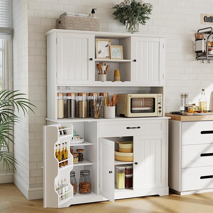 Gizoon 67 in Kitchen Storage Cabinet with Door and Shelves, Kitchen Pantry Cabinet Tall Coffee Bar Hutch with Storage for Dining Room, Painted White