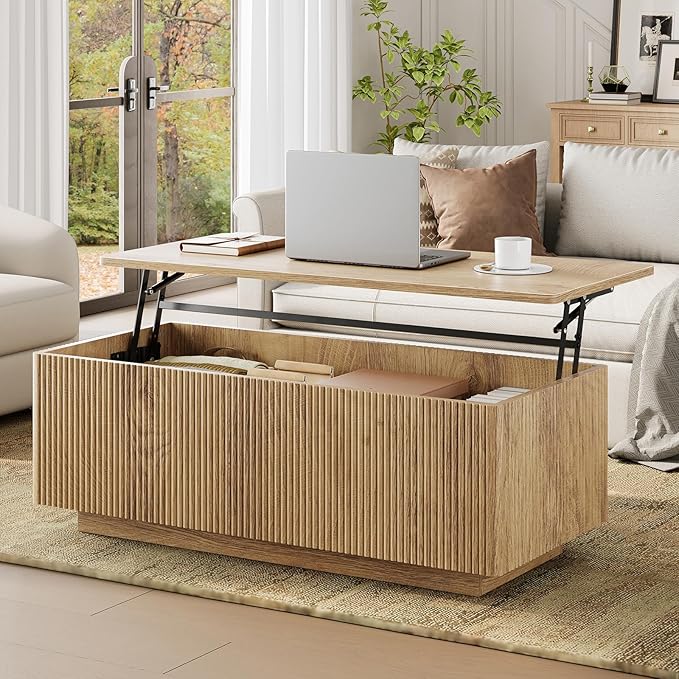 FABATO Mid Century Modern Coffee Table, Wooden Fluted Center Table with Large Hidden Compartment, 41.7” Rectangle with Round Corners, Lift Up Farmhouse Wood Table for Living Room, Home Office, Wood