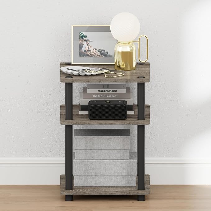 Furinno Turn-N-Tube Night Stand, 3-Tier Nightstand, Open Shelves Bedside Table, Side Table, End Table, Easy Assembly, for Bedroom, Closet, Dorm, French Oak