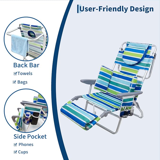 GarveeLife Backpack Beach Chair for Adults, Lightweight Portable Lay Flat Folding Beach Chair with 5 Reclining Positions, Backpack Straps, Phone Pocket (with Face Hole - 2 Pack)