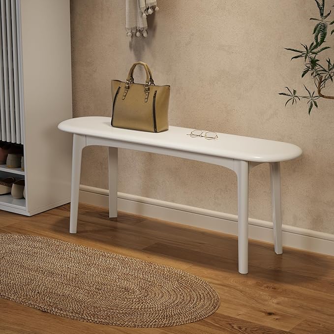 DONGMUWUEJEE 100% Solid Wood Dining Bench, Wood Bench for End of Bed with Rounded Corners, Entryway Benches for Farmhouse, Kitchen, Living Room and Plant Stand (White, 39.4" D x 11.8" W x 19.7" H)