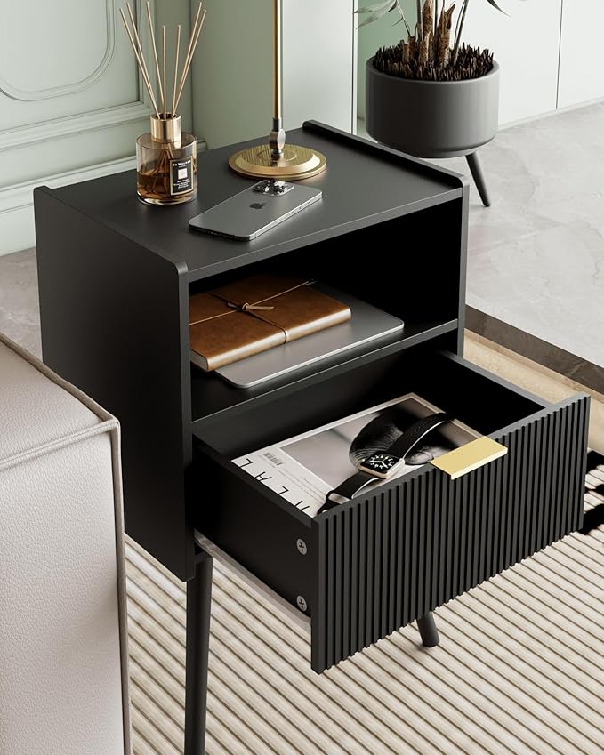 Veegle Nightstand,Modern Bedside Table with Storage Drawer and Open Wood Shelf, Accent Night Stand with Solid Wood Legs for Living Room, Bedroom and Small Spaces,Easy Assembly (Black)