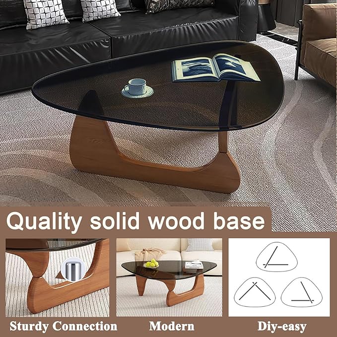 Mid Century Modern Glass Coffee Table, Coffee Table for Living Room, Noguchi Coffee Tables,Suitable for Bedroom Living Room Reception Office Tables (Walnut/Grey, ML)