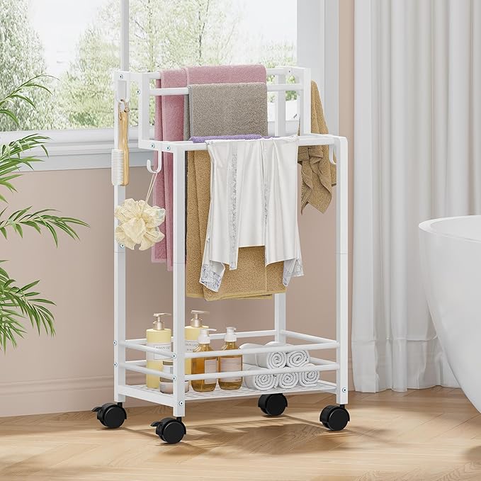 Gewudraw Free Standing Towel Rack, Pool Towel Rack, 4-Tier Blanket Stand with Shelf, Bathroom Towel Drying Rack with 4 Hooks, Rust-Resistant Drying Rack Indoor/Outdoor, White