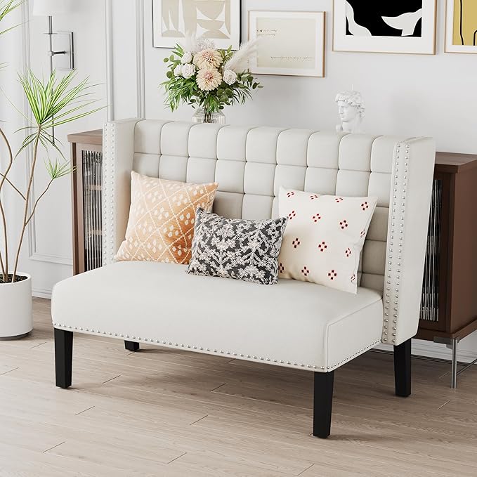 Andeworld Modern Loveseat Settee Bench Sofa Couch, Upholstered Banquette Dining Bench with Back for Dining Living Room Hallway or Entryway Seating,White