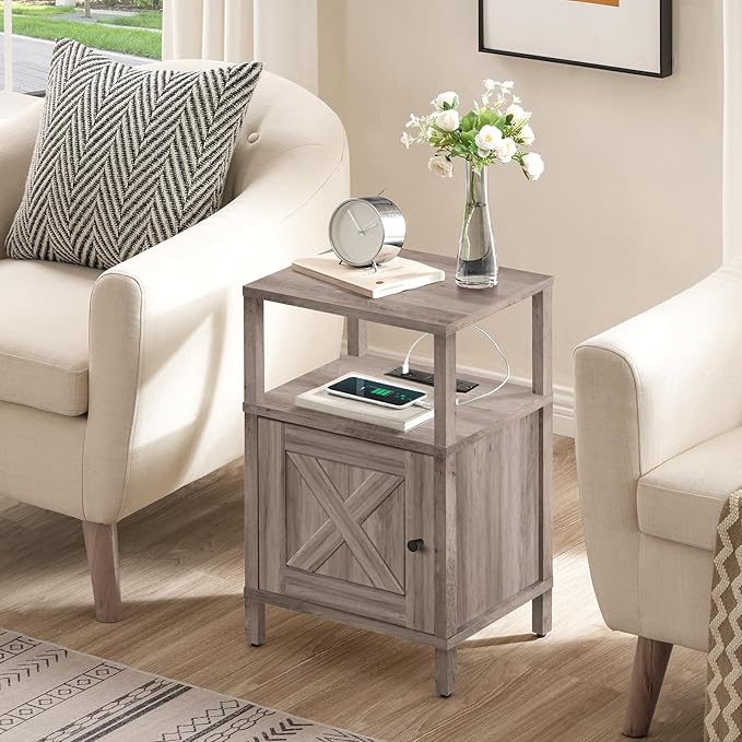 MAHANCRIS Farmhouse Nightstand with Charging Station, Greige Bedside Table with USB & Type-C Ports, End Table with Storage Cabinet and Open Shelf, Modern Side Table for Bedroom, Grey ETGY96E01