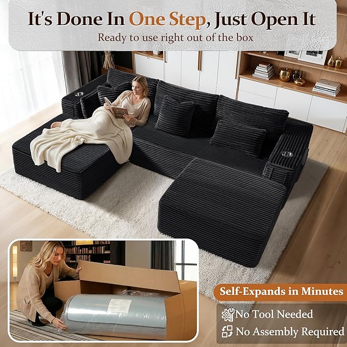 108" Oversized Cloud Sectional Couch, Comfort U Shaped Boneless Couch for Living Room, Extra Deep Seats No Assembly, Modular Sofa, Corduroy (Black, Right Facing Chaise+2 Seater+Ottoman)