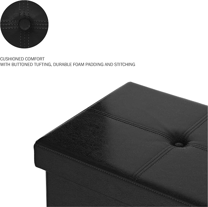 Storage Ottoman - 30-Inch Folding Faux Leather Footrest, Linen Chest, or Bench with Removable Bin for Living Room or Bedroom by Lavish Home (Black)