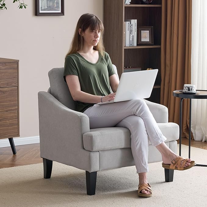 Bezseller Modern Accent Chairs Set of 2, Upholstered Reading Armchair with Wood Legs, Mid-Century Leisure Comfy Single Sofa Chair for Living Room, Bedroom, Home, Office, Light Grey