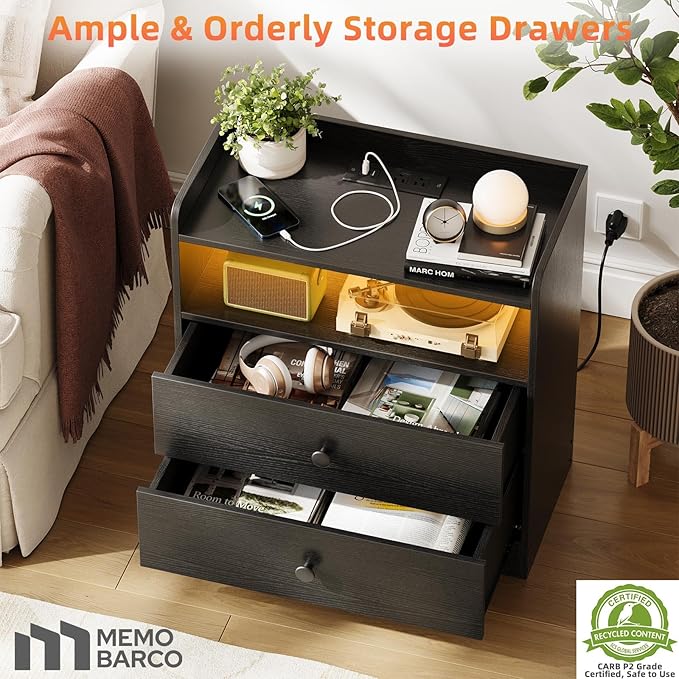 Memobarco 2 Pack Nightstand with Charging Station and LED Light, Modern Nightstand with USB Ports and Outlets, Wooden Bedside Table with 2 Storage Drawers, Small Dresser for Bedroom Small Space, Black