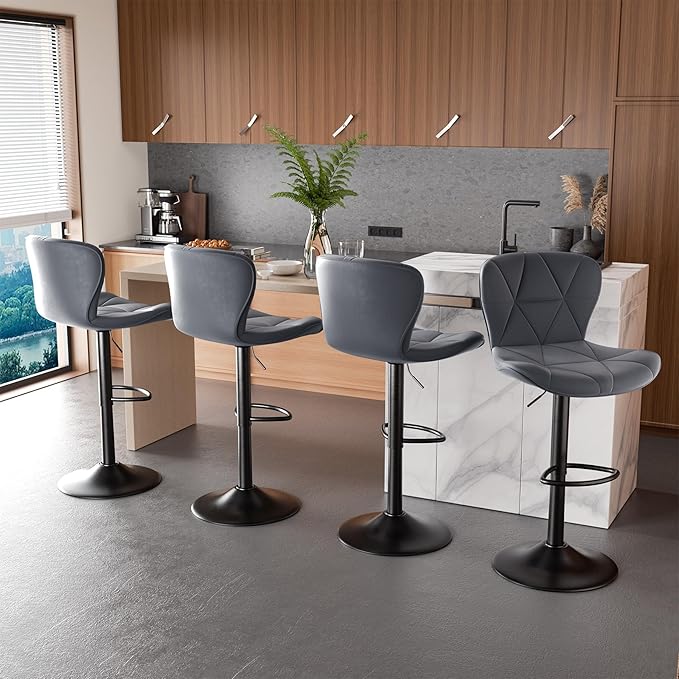 Nalupatio Modern Bar Stools Set of 2, Adjustable Faux Leather Upholstered Swivel Bar Stools, Counter Height Bar Chairs with Back for Kitchen Island, Dark Grey