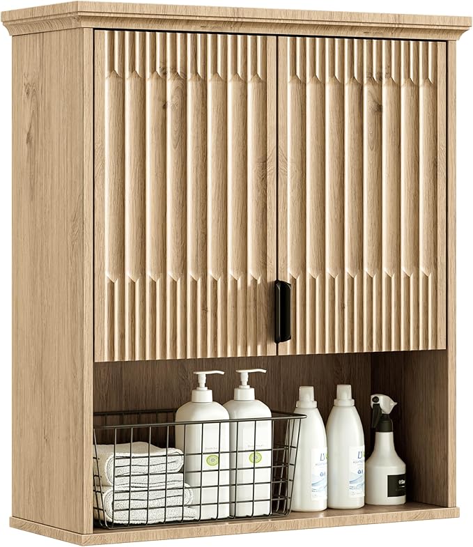 Fatmok Bathroom Wall Storage Cabinet, Medicine Cabinet with Adjustable Wood Shelf & Doors, Over the Toilet Storage Cabinet for Laundry Room & Living Room Kitchen,Natural