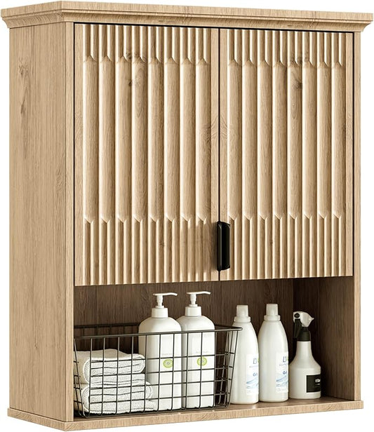 Fatmok Bathroom Wall Storage Cabinet, Medicine Cabinet with Adjustable Wood Shelf & Doors, Over the Toilet Storage Cabinet for Laundry Room & Living Room Kitchen,Natural