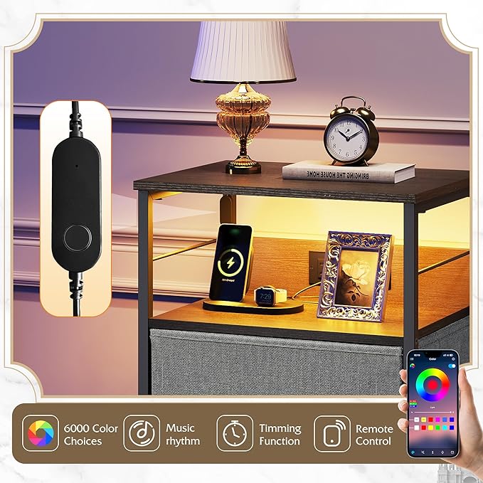 WLIVE Nightstand with Charging Station, 31.9" H Nightstand with 3 Fabric Drawers, LED Bedside Table with USB Ports and Outlets, End Table for Bedroom, Dorm, Entryway, Dark Grey