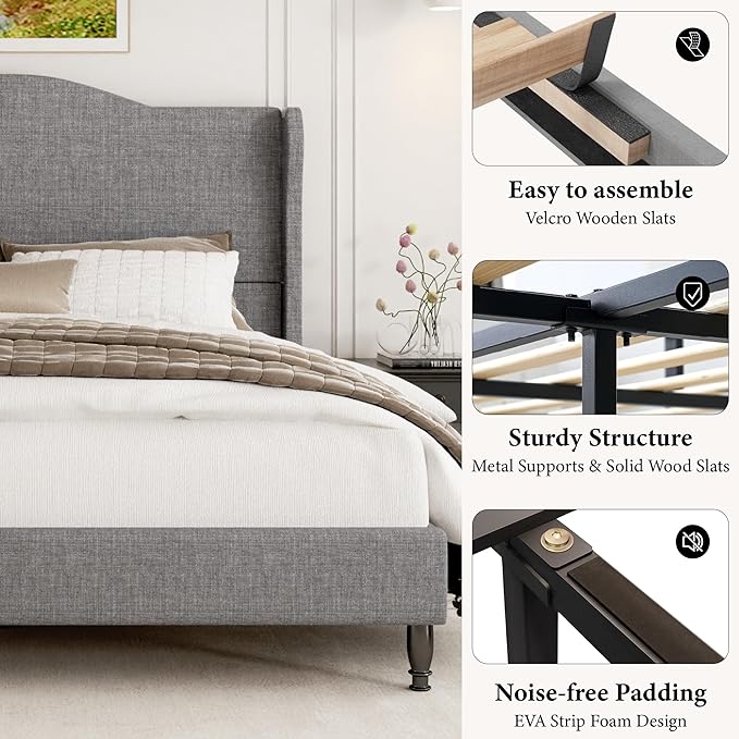 King Size Bed Frame, Upholstered Platform Bed with Tall Arched Wingback Headboard, Sturdy Wooden Slat Support, Easy Assembly, No Box Spring Required, Soft Fabric Bed for Bedroom, Light Grey
