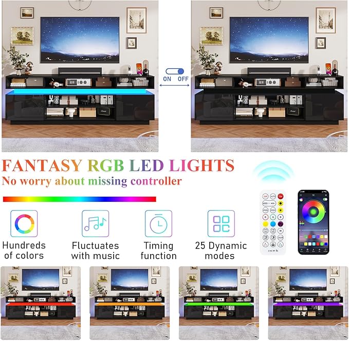 chartustriable LED TV Stand for 95 Inch TV, Modern Tall Entertainment Center with Power Outlets, High Gloss TV Stand, Gaming TV Media Console for Living Room, 83 Inch, Black