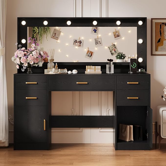 TOKSOM 44.8" Large Vanity Desk with Lighted Mirror & Power Outlet, Black Makeup Vanity Desk with Mirror and Lights, Black Vanity Table with 5 Drawers and 2 Cabinets, Dressing Table for Bedroom