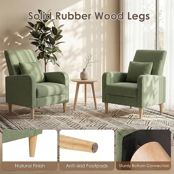 COLAMY Mid-Century Modern Upholstered Accent Chair with Back Pillow & Solid Wood Legs, Fabric Cozy Armchair for Living Room, Bedroom, Reading Nook, Apartment & Small Spaces, Green