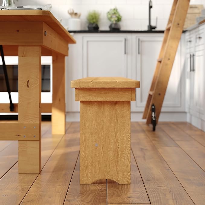 Flash Furniture HERCULES 8' x 12" Solid Pine Folding Farm Bench in Antique Rustic Light Natural