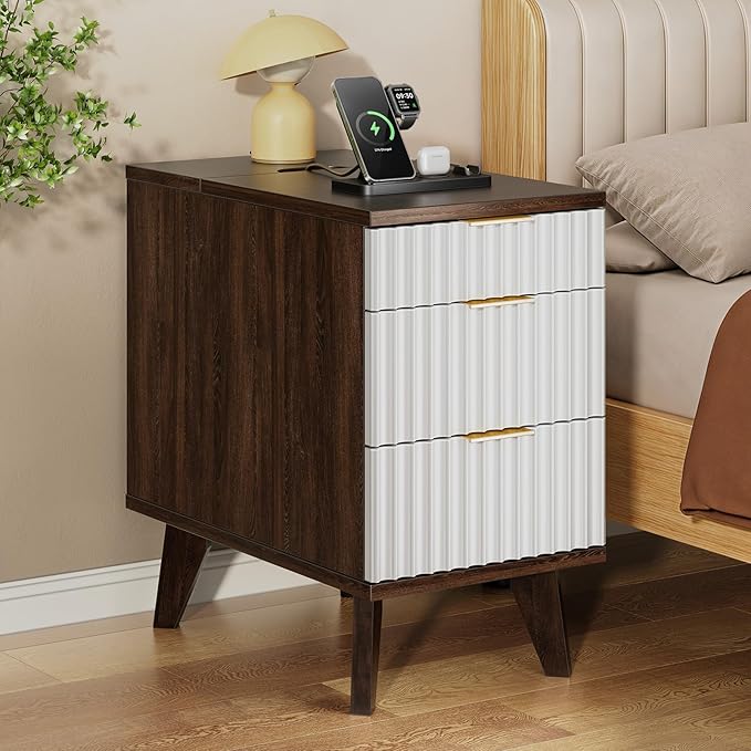 Kalrin Charging Nightstand with Hidden Outlets & 3 Drawers, Modern End Table, Bedside Table with USB Ports, Wave Groove Design, Compact Size, Heavy Duty Engineered Wood, Brown & White