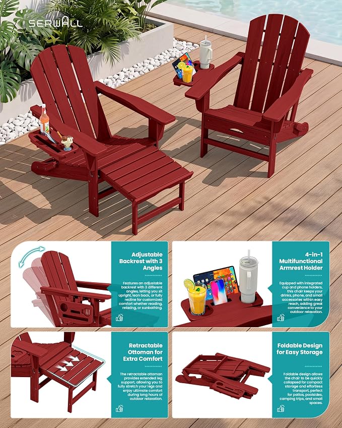 SERWALL Folding Adjustable Adirondack Chairs with Footrest Set of 2, HDPE Outdoor Chair with 4-in-1 Cup Holders, All Weather Adirondack Chair with Ottoman, Red