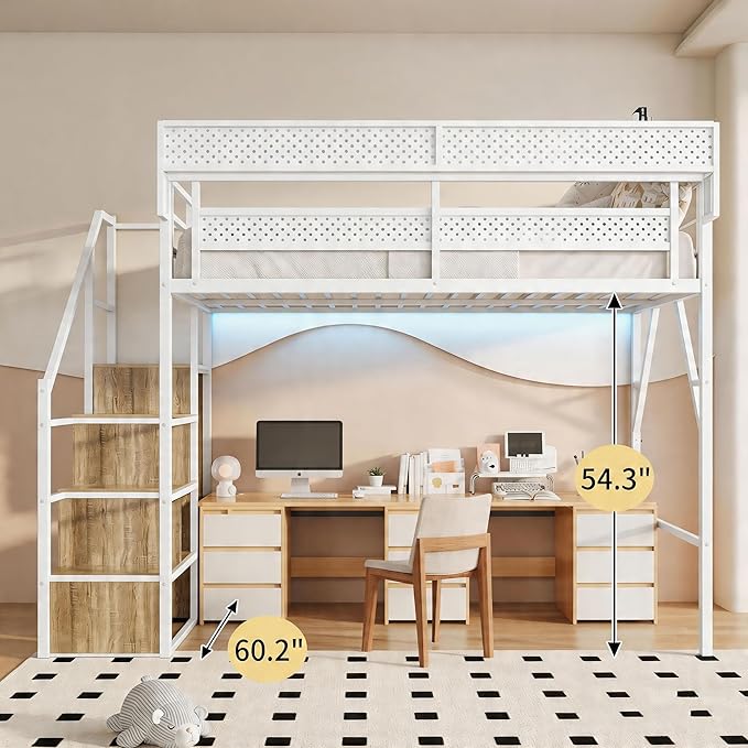 Full Size Metal Loft Bed with LED Lights and USB Charging Port, Storage Shelf, Reversible Storage Stairs with Wardrobe, Heavy Duty Noise-Free Design, Large Under Bed, No Box Spring Needed