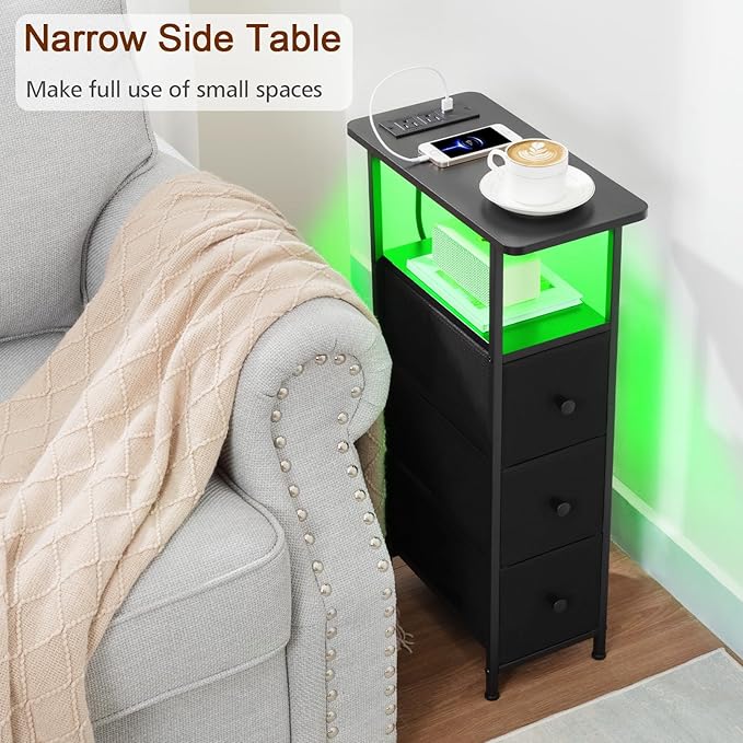 LOAKEKEL Narrow End Tables Living Room Set of 2 with Charging Station, Skinny Side Table with Fabric Drawers, Slim LED Nightstand for Bedroom, Small Spaces, Couch, Black, HETNDP03LBK