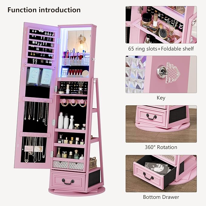 HWB Standing Full-Length Mirror Jewelry Armories, Jewelry Organizer with LED Lights 360° Swivel, Lockable Jewelry Cabinet, Jewelry Storage with Shelves & Stable Base Pink
