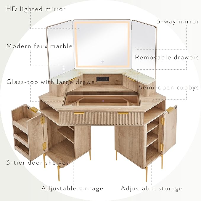 T4TREAM 48" Fluted Makeup Vanity Desk with HD Triple Mirror and Lights, Large Lighted Corner Vanity with Glass Top, Modern Dressing Table with 3 Drawers & 2 Cabinets for Bedroom, Natural Oak