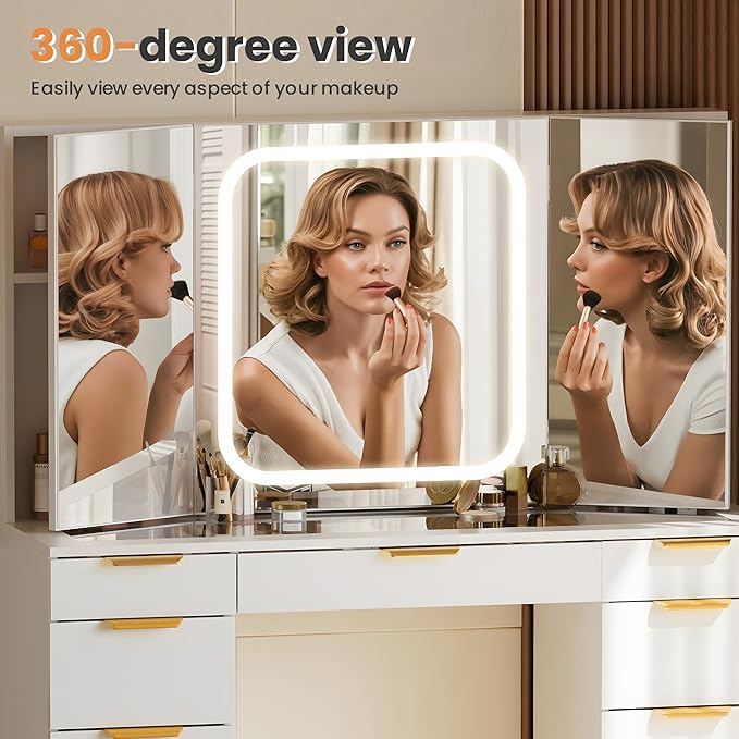 Pamapic Glass Top Makeup Vanity Desk with Foldable Mirror and Lights, 11 Drawers Vanity with Chair and Power Outlet, 3 Lighting Modes Makeup Table, Golden Handles, White