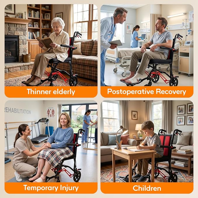18LBS UIltra Lightweight Wheelchairs with Foldable Footrest and Armrests, Transport Wheelchair Lightweight Foldable with Handbrakes, Travel Transport Chair for Adults Seniors Kid, 1s Quick Folding