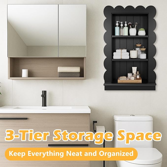 Royxen 14"x18" Recessed Medicine Cabinet, 2-Tier Wooden Bathroom Wall Cabinets Without Mirror,Scalloped Large Medicine Cabinet Niche for Bathroom Storage Organizer (Black, 18 x 24 Inch)