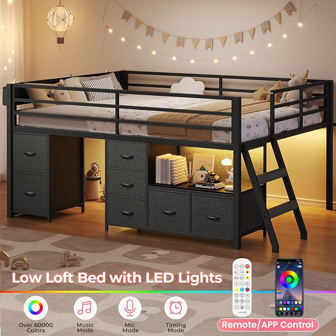 ADORNEVE Low Loft Bed Full Size with 7 Storage Drawers, Bookcase and LED Lights, Metal Kids Loft Bed with 14" H Safety Guardrail,Inclined Ladder and Play Curtain, Under-Bed Play Space, Black
