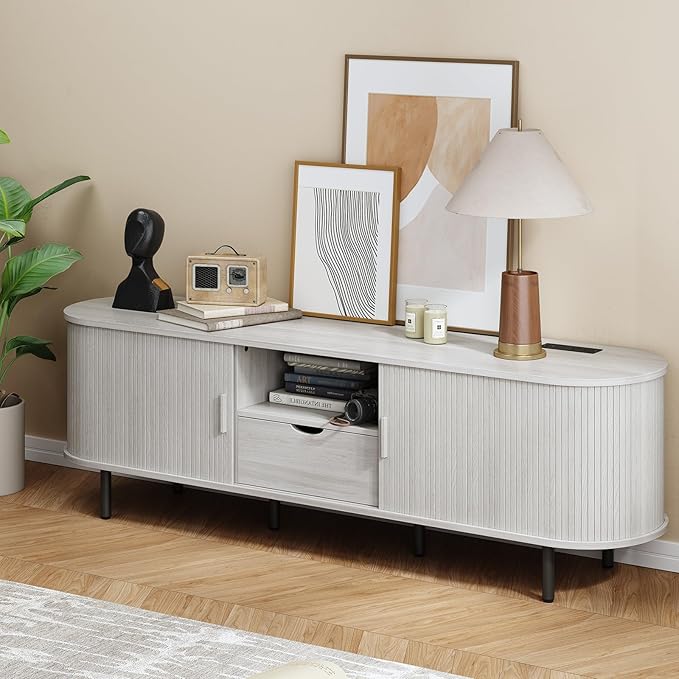 ONBRILL 69" TV Stand with Power Outlet for TVs up to 80", Entertainment Center with Storage and Drawer, TV Console with Adjustable Shelves and Sliding Door, TV Stand for Living Room, Natural White
