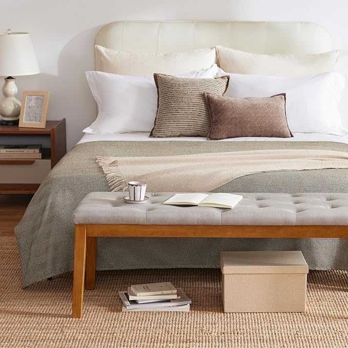 Ottoman Bench Upholstered Padded Seat with Solid Wood Legs and Button-Tufted, Big Oversized Ottoman, Linen Taupe