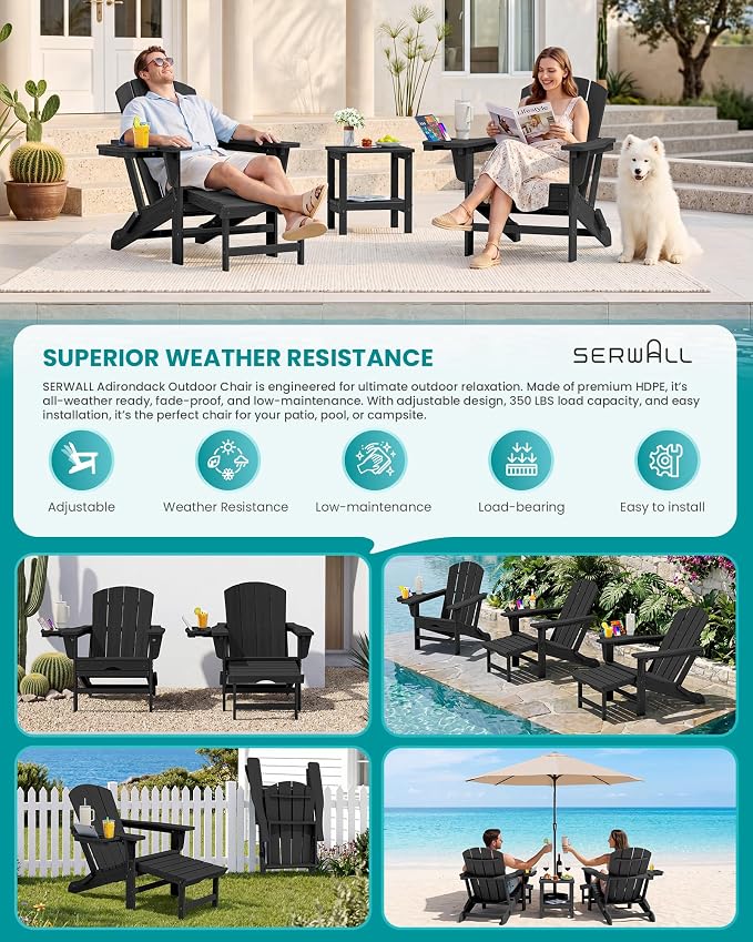 SERWALL Folding Adjustable Adirondack Chairs with Footrest Set of 4, HDPE Outdoor Chair with 4-in-1 Cup Holders, All Weather Adirondack Chair with Ottoman, Black