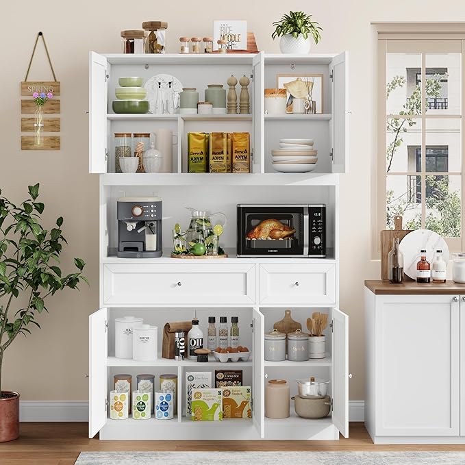 BOTLOG 72" Kitchen Pantry Cabinet, Kitchen Hutch with Microwave Stand, Buffet Cabinet with Hutch for Dining Room, White