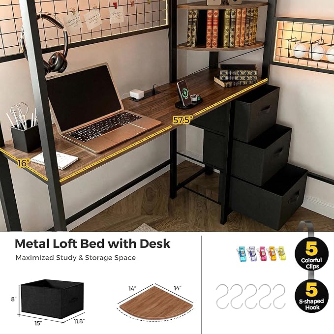 Full Size Loft Bed with Desk and Stairs, Headboard, Wardrobe, Bedside Storage Shelf, 6 Drawers, Charging Station & LED Light, Metal Gaming Loft Bed Frame for Adult Space-Saving, Black & Walnut