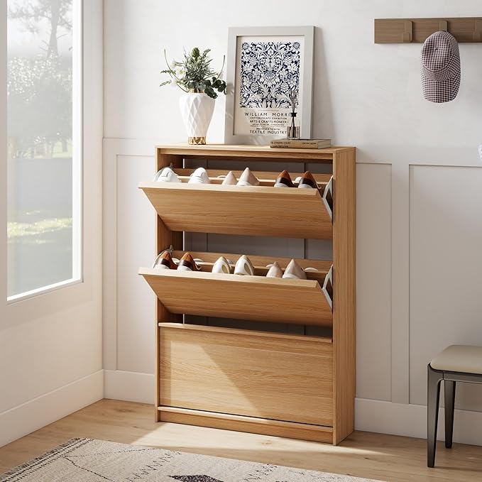 Shoe Cabinet with 3 Flip Drawers, 31.5" W Narrow Shoe Storage Cabinet for Entryway, Slim Shoe Organizer with Adjustable Shelves, Freestanding Shoe Rack for Hallway, Living Room, Oak